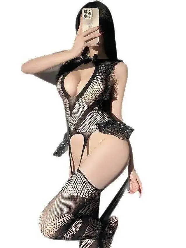 Fishnet Stocking Women - Seksowne pończochy kabaretki z koronkowym wykończeniem,