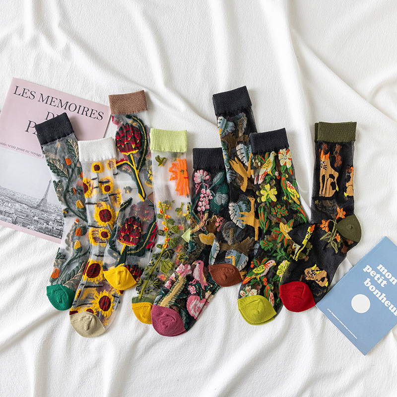 Silk Sock Bamboo - 1/4 Pary Retro Kwiatowe Damskie Skarpetki