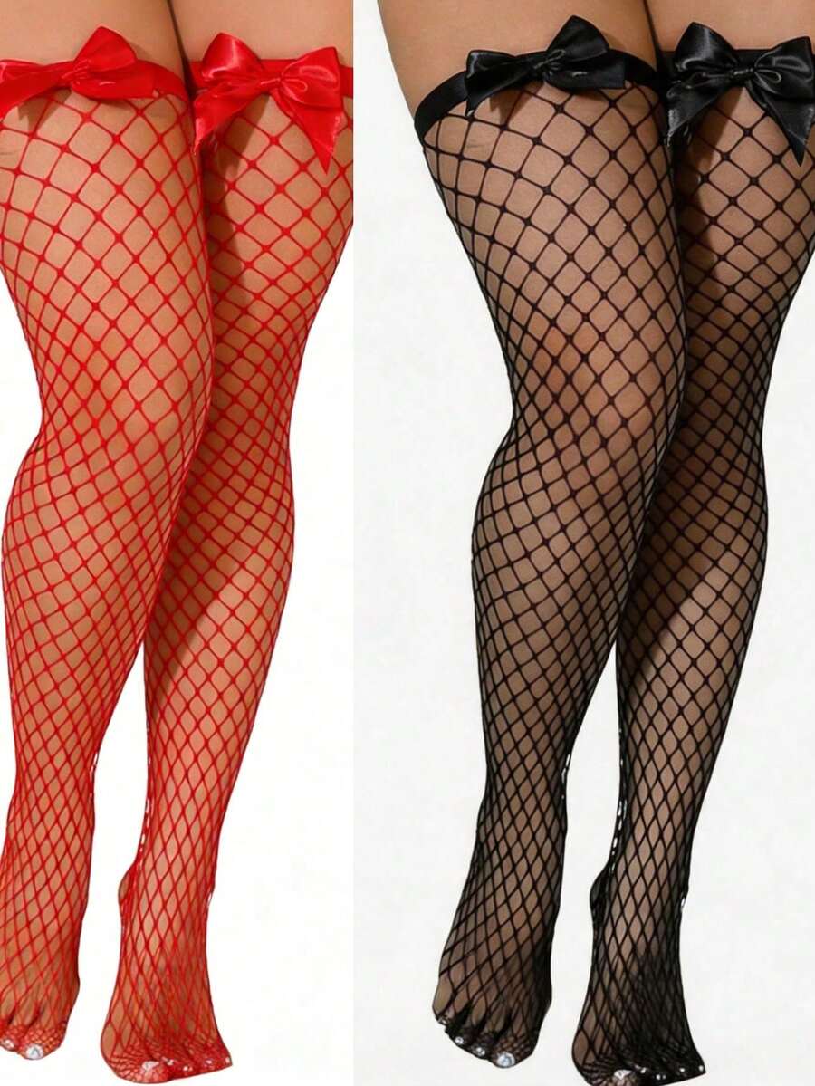 Knee High Sock Women - Pończochy kabaretki z kokardką, elastyczne, ażurowe,